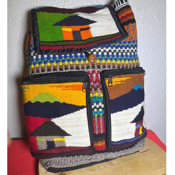 Boho Wool Backpack Aztec Print Linedd Hippie Retro Western Homemade - Picture 6 of 10